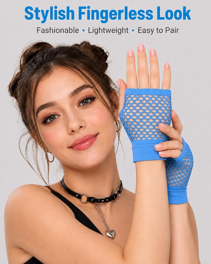 Seeksmile Women's Girls 80's Theme Party Emo Fingerless Arm Fishnet Gloves - Image 3