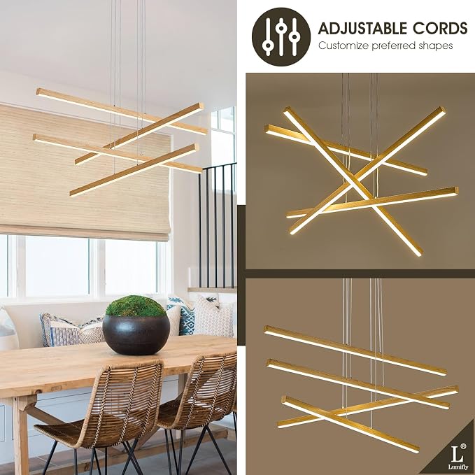 Linear Pendant Light Mdoern LED Chandelier 32" Boho Oak Wood Painted Ceiling - Image 7