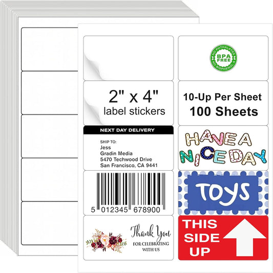 2x4 Label Stickers, 1000 Matte Printable Sticker Labels for Address Labels, Mailing Labels, Shipping Labels, Sticker Making, 8.5 x 11 Label Sheets for Lase Inkjet Printer, 10 Up Per Sheet, 100 Sheets