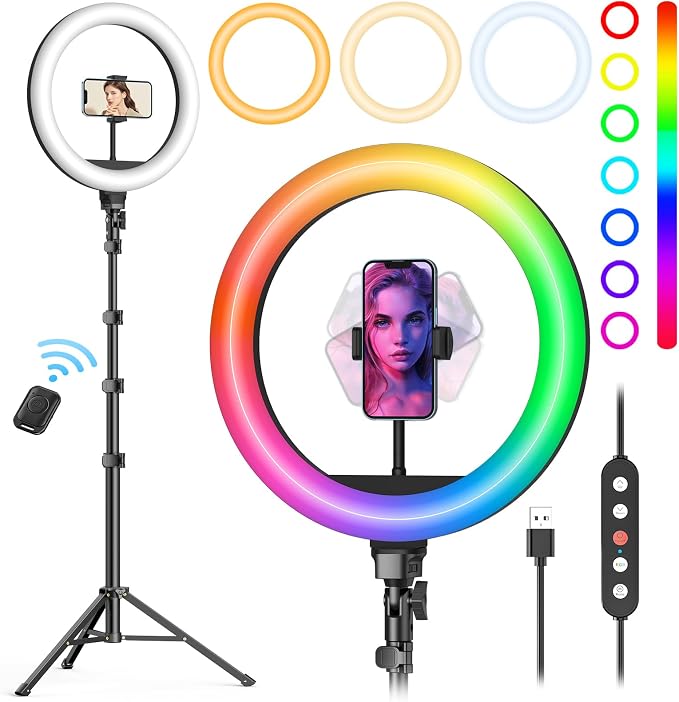 Weilisi 12'' Ring Light with Stand 72'' Tall & 2 Phone Holders, 38 Color Modes - Image 9