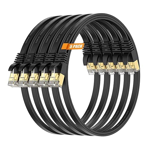 Cat7 1.5FT-5Pack Ethernet Cable Flat-Black-10Gbps Internet Network Patch Cord by SURPLAY-WinningHighSpeed