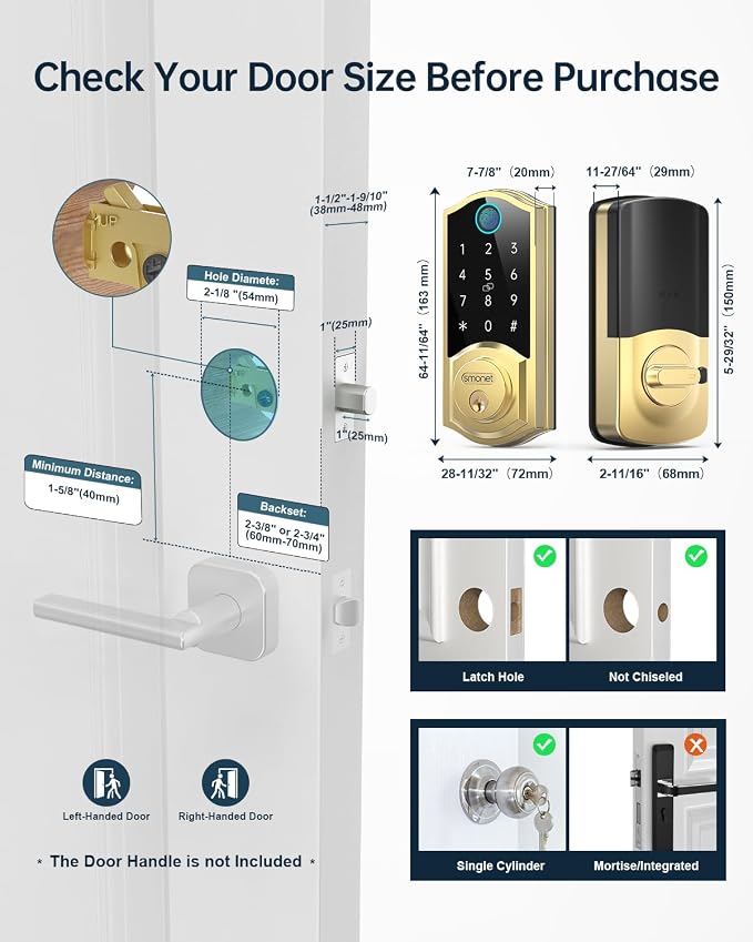 SMONET Smart Lock Brass Fingerprint Deadbolt, Keyless Entry Door Lock - Image 7