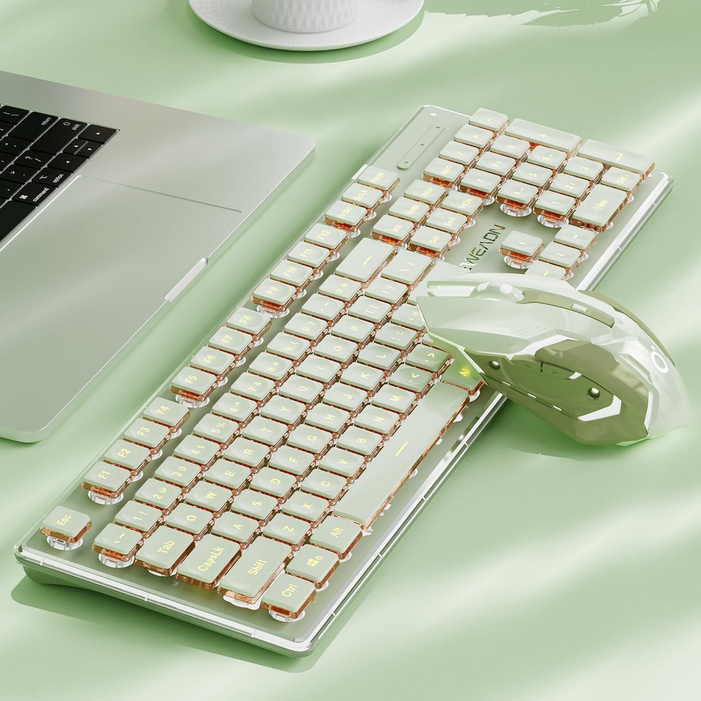 V3 Wireless Keyboard and Mouse with Single Backlit, Metal Panel, Bluetooth/2.4G Rechargeable Silent Keyboard and Mouse Combo Light up Full Size Cute Keyboards-Green