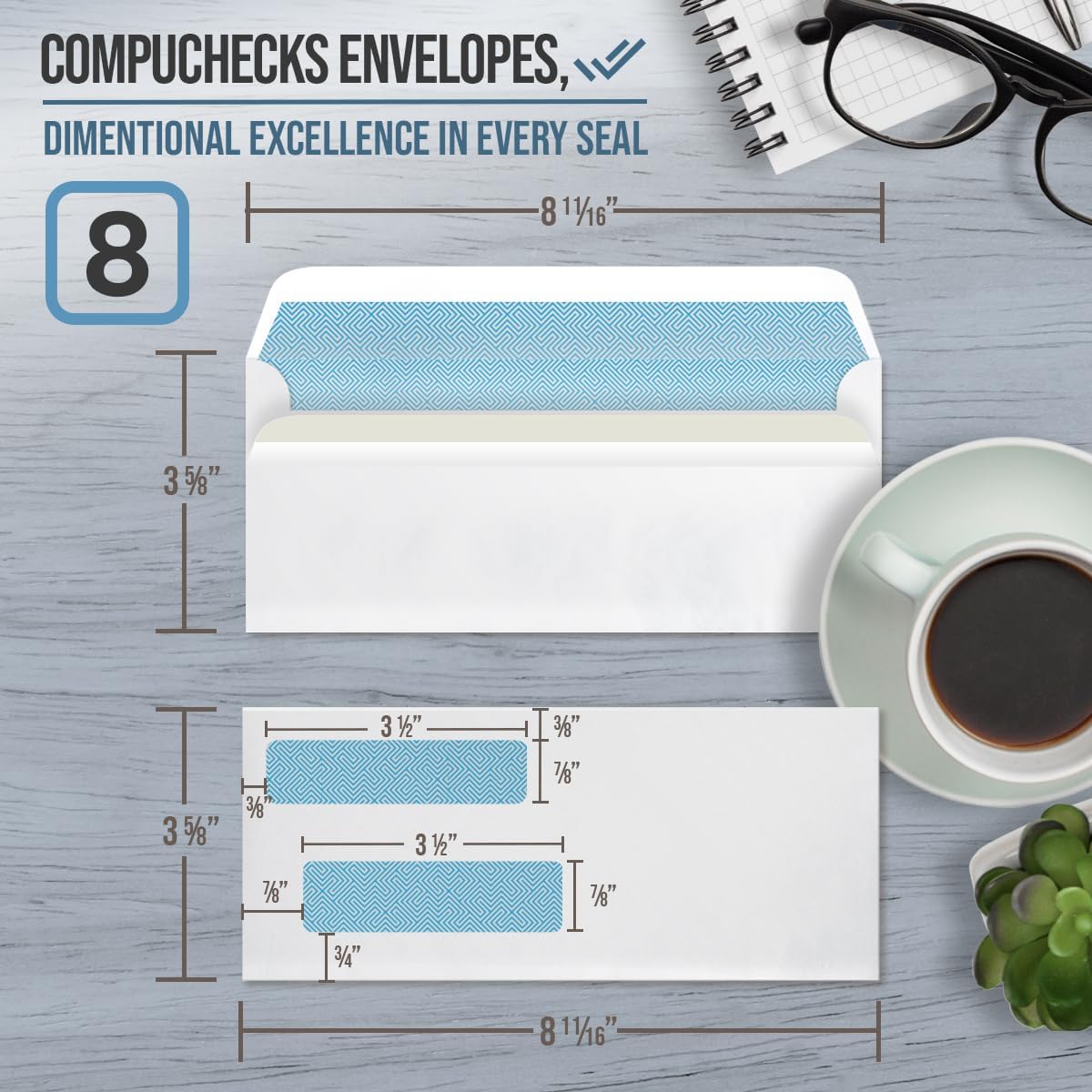 Compuchecks Double Window Envelopes #8- Flip and Seal Flap, Security Business Mailing Check Envelopes - Tamper Evident, Security Tint - 500 Count – Guaranteed to fit QuickBooks Checks