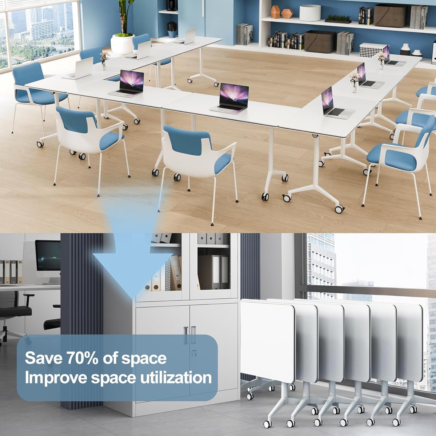 2Pack Folding Conference Room Table, Modern Conference Tables with Silent Wheels, Large Rectangular Mobile Training Tables for Office Classroom, Foldable Modular Seminar Table White (L70.9in)