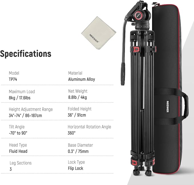 NEEWER 74" Video Tripod with Fluid Head & Damping Control, Aluminum Heavy Duty - Image 8