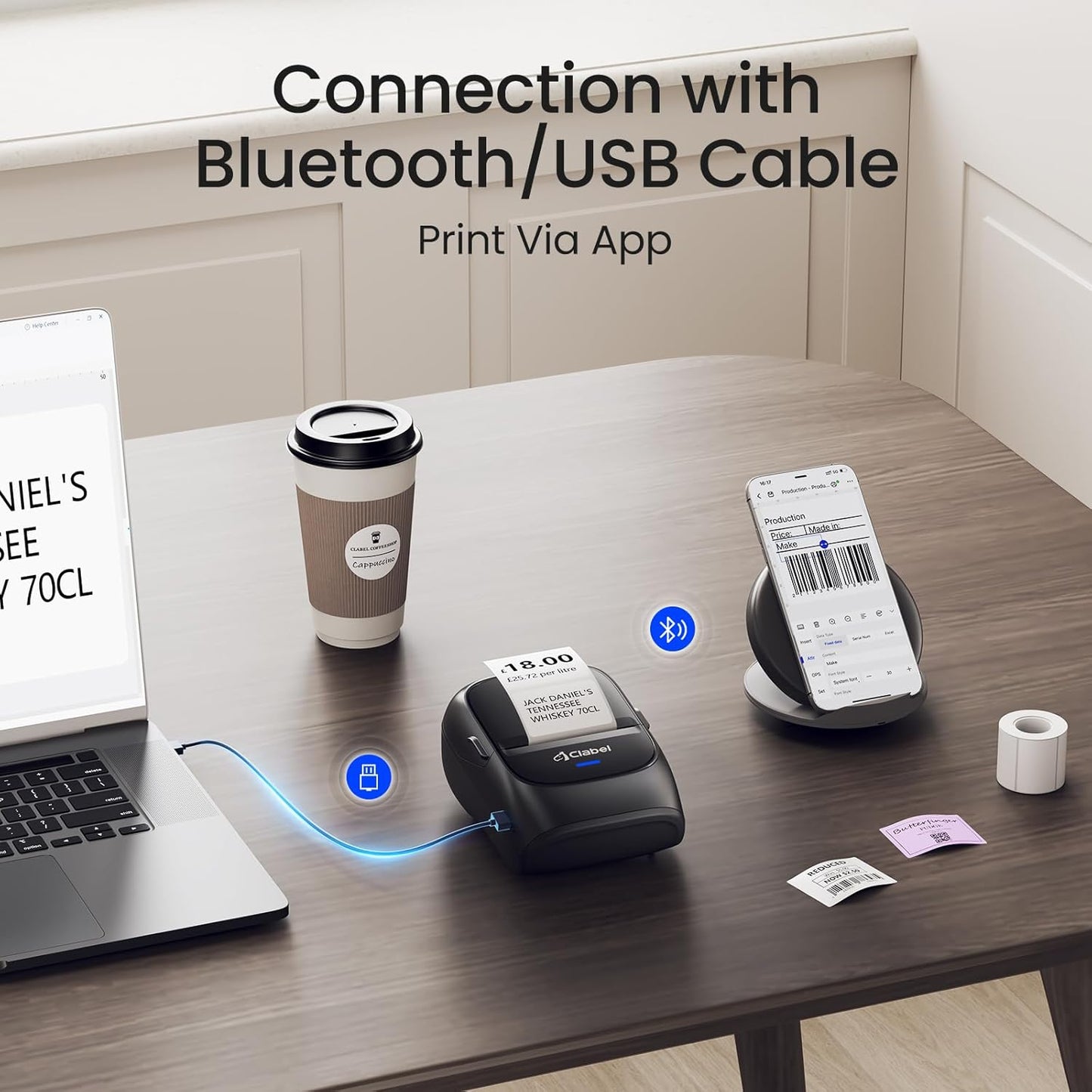 CLABEL 221B Label Maker Machine with Tape, 2 Inch Thermal Label Printer, Portable Bluetooth Sticker Maker Machine Barcode Labeler Compatible with Phone & PC for Small Business Retail Office