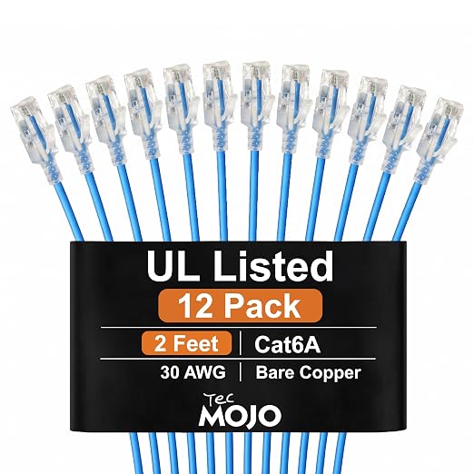 Tecmojo UL Listed Ultra-Slim Cat6a 2ft Ethernet Patch Cable, 30AWG 100% Pure by Tecmojo