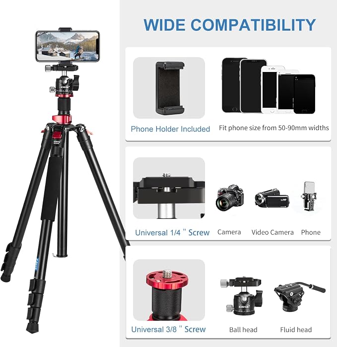 CAVIX 79" Camera Tripod, 2-in-1 Aluminum Alloy Tripod - Image 7