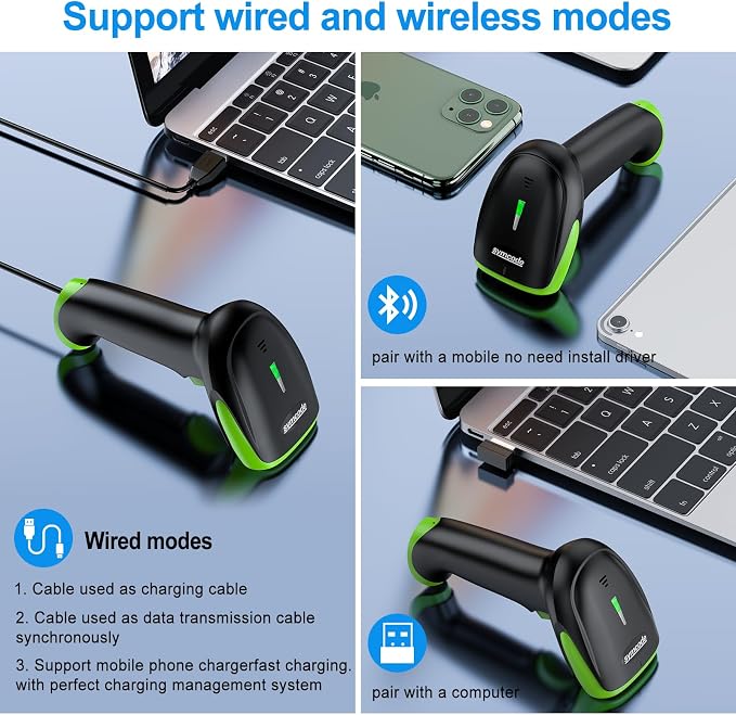 Symcode Wireless Bluetooth Barcode Scanner, 2D 1D QR Code Automatic Fast - Image 2