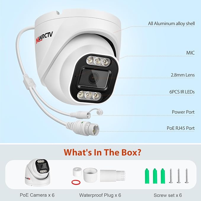 MWRCTV 8MP POE IP Camera Outdoor, 4K Turret Security Dome Camera 2.8mm Wide - Image 8