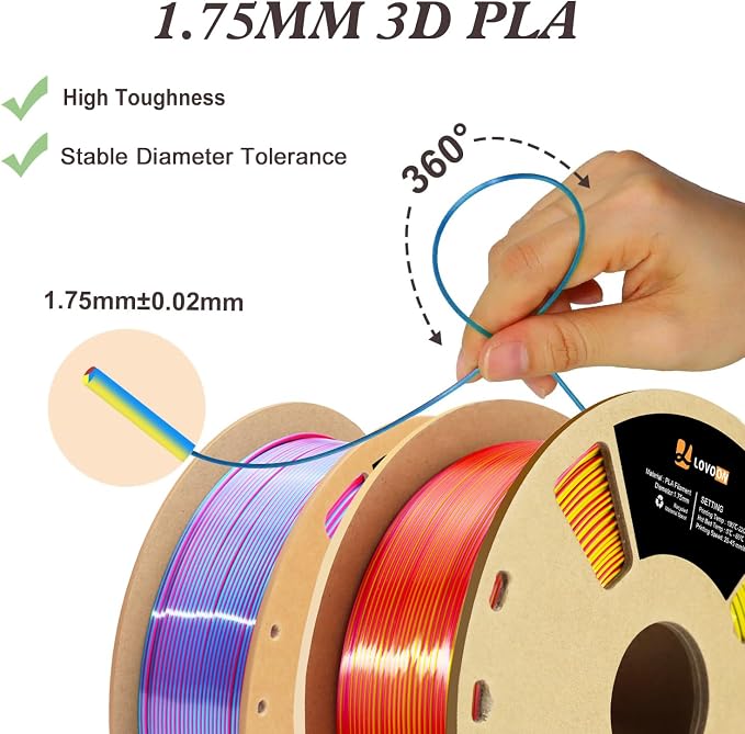LOVOON Silk PLA 3D Printer Filament Bundle 2 KG, PLA Filament 1.75mm, Shiny - Image 7