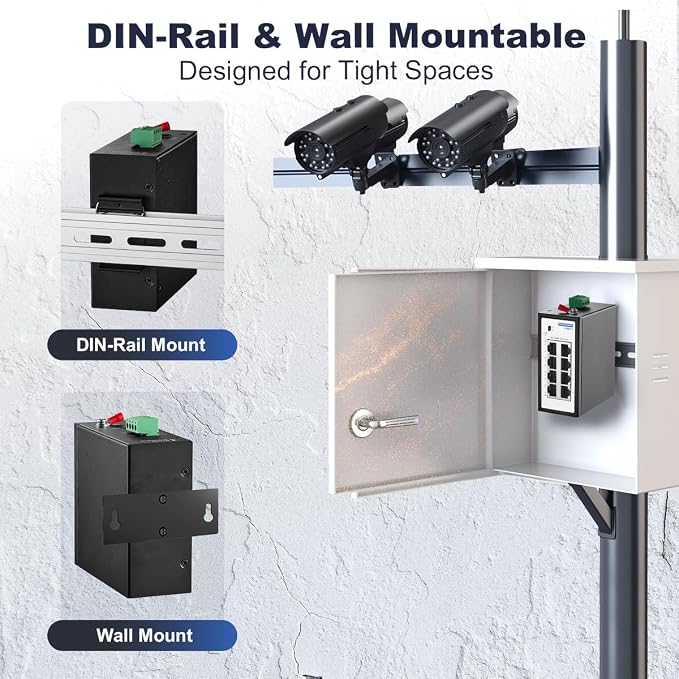 8 Port Mini PoE+ Industrial Switch, 10/100Mbps Fast Ethernet, Din Rail & Wall - Image 8