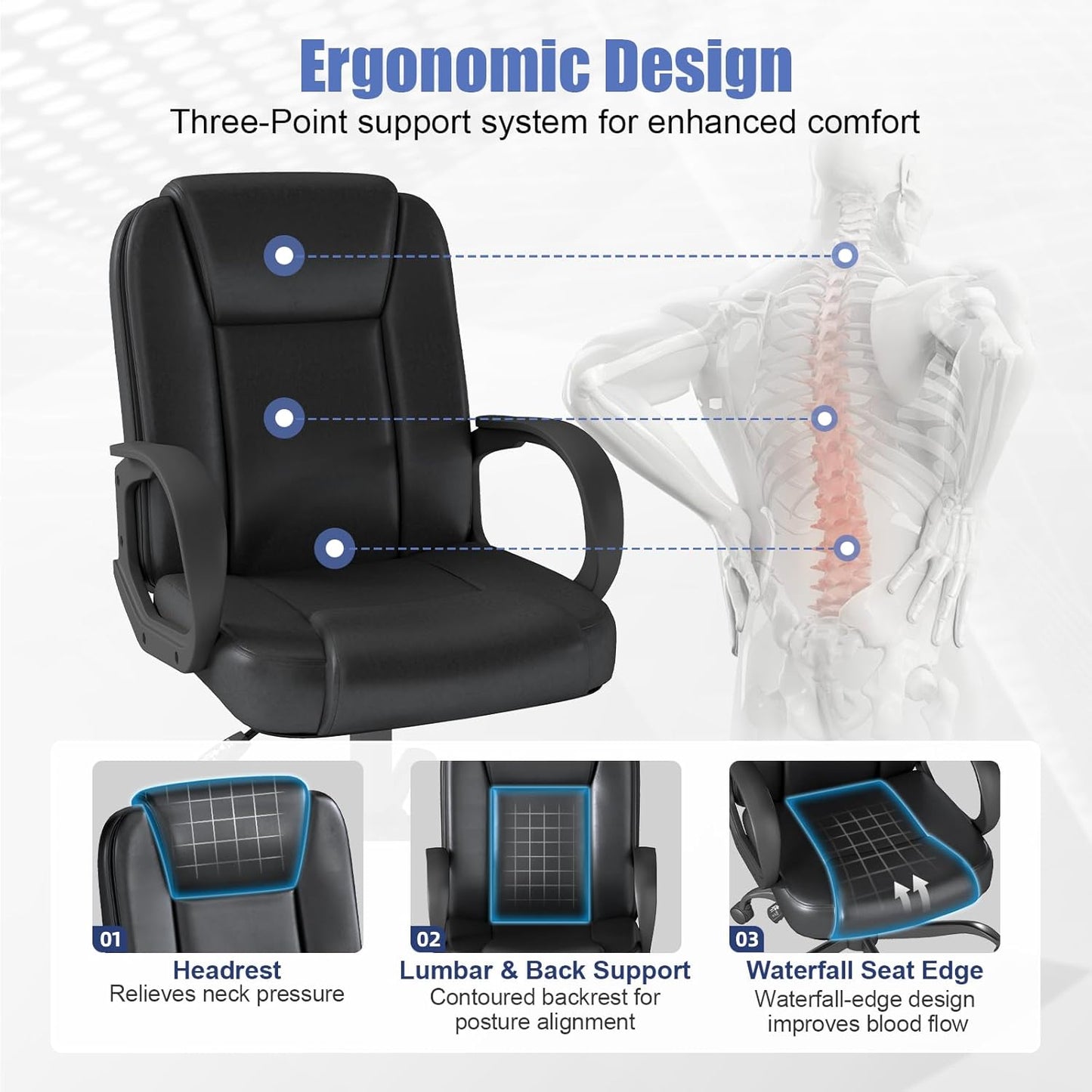 ZZH Executive Office Chair, Leather Desk Computer Chair with Armrests, Mid-Back Swivel Adjustable for Home Office, 1PC, Black