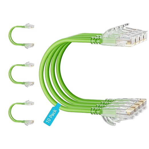 Cat6 Slim Patch Cables 0.5 Feet 10-Pack Green, Cat6a Patch Cables 10Gbps 550MHz by Unknown