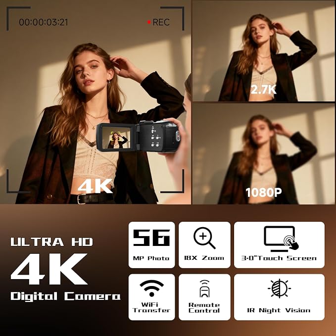 Video Camera, 4K Camcorder 56MP Digital Video Recorder 18X Zoom 3" 270° - Image 2