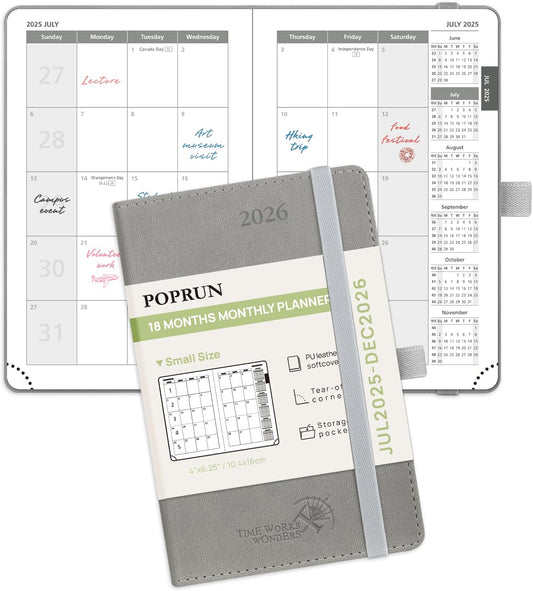 POPRUN Pocket Monthly Planner 2025-2026 (Pocket- 4''x 6.25''Soft Leather Cover) - 18 Month Calendar Book for Purse (Jul.2025-Dec.2026), 100 GSM Thick Paper - Grey