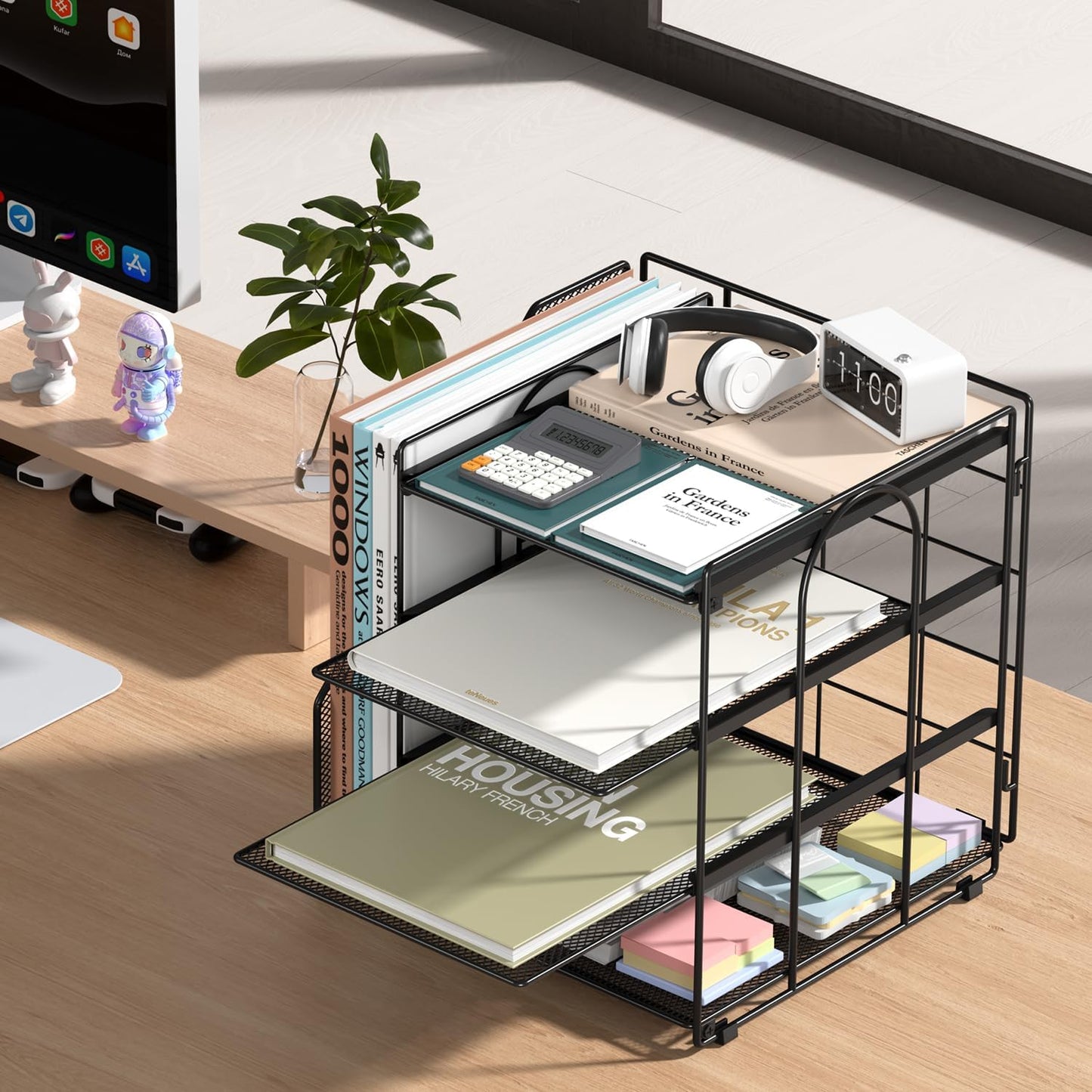Desk Organizer and Accessories, Paper Organizer for Desk, 4-Tier Paper Letter Tray with File Holder, File Organizers for Office Supplies (Black)