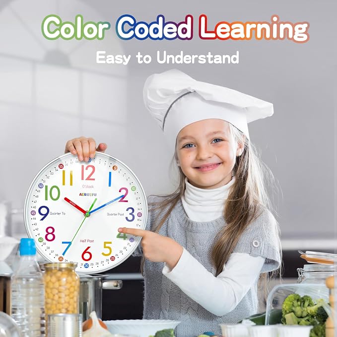 AIRUIFU Wall Clock for Kids Learning Tell Time Easily Non-Ticking Battery - Image 3
