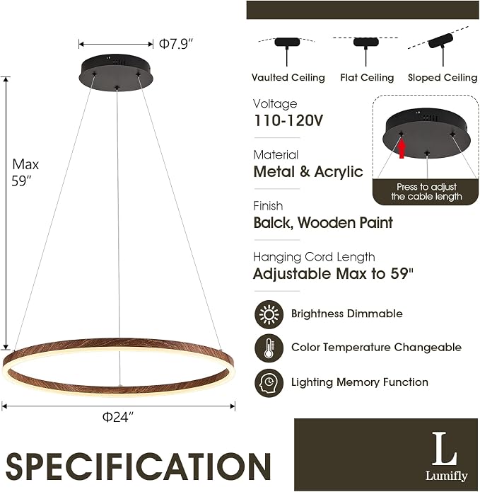 LED Ring Chandelier 24 Inches Round Chandelier Wood Grain Finish Dimmable LED - Image 6