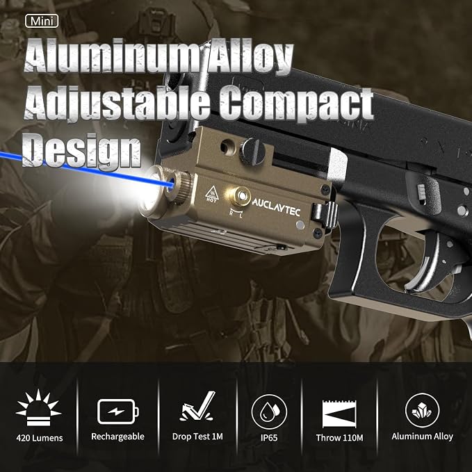 AUCLAYTEC Pistol Flashlight Blue Laser Combo 420 Lumens Pistol Light Recharge - Image 3