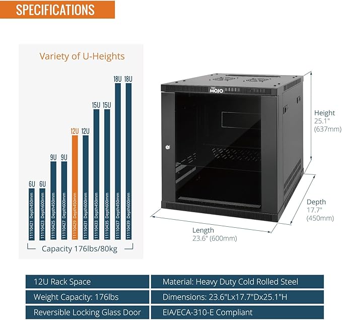 Tecmojo 12U Wall Mount Rack Cabinet, Heavy-Duty 176 Lbs High Load Capacity - Image 3