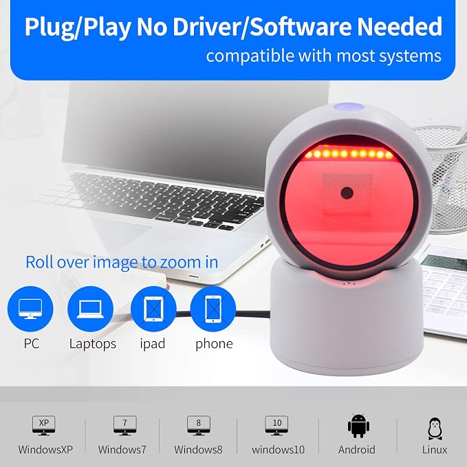 2D QR Barcode Scanner, Symcode Omnidirectional Hands-Free USB Automatic Barcode - Image 6