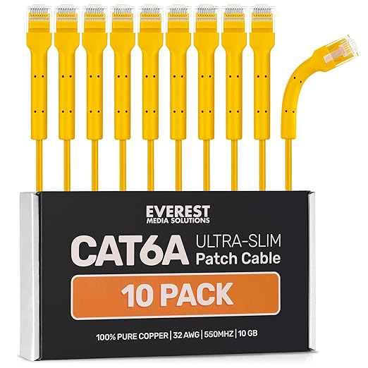 Everest Ultra Slim Cat6a Ethernet Patch Cables 0.5ft Yellow by EverestMediaSolutions