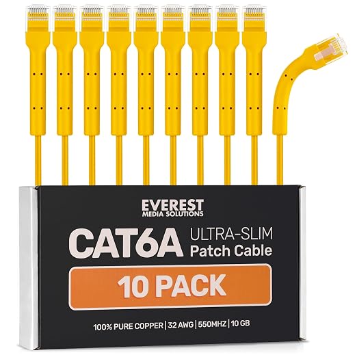 Everest Ultra Slim Cat6a Ethernet Patch Cables 10ft Yellow by EverestMediaSolutions