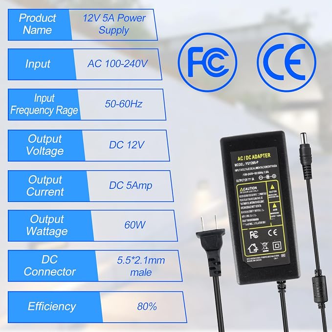 12V LED Strip Power Supply, 5A 60W Power Adapter, 12V Power Supply - Image 2