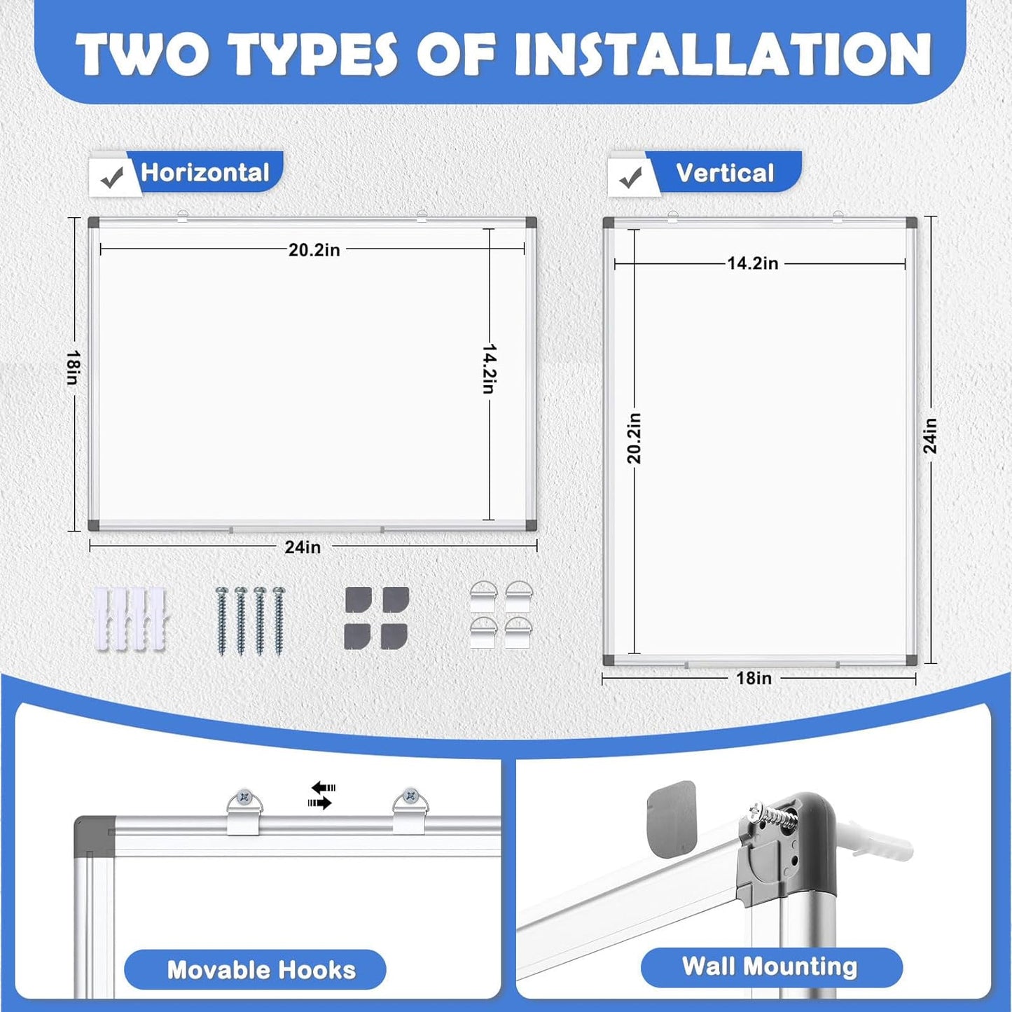 WALGLASS 2 Pack White Board, 24" x 18" Double-Sided Dry Erase White Board for Wall, Hanging Mounted Whiteboard, Horizontal or Vertical Silver Aluminium Frame for Home, School, Office, Kitchen