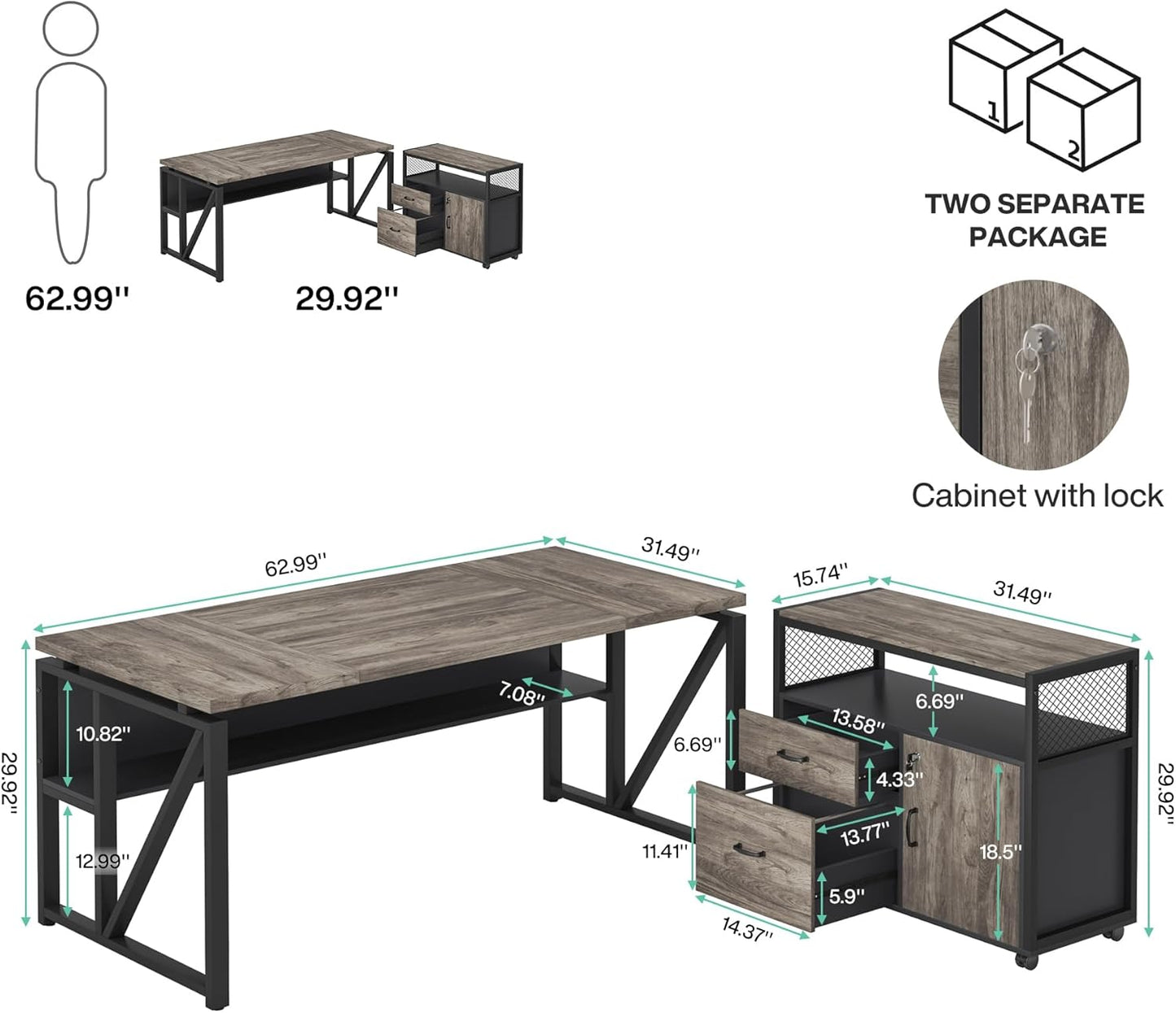 Tribesigns Office Desk with Drawers Sets, 63 inches L Shaped Executive Desk with Mobile File Cabinet for Home Office Furniture Sets (Dark Oak, 63-inch)