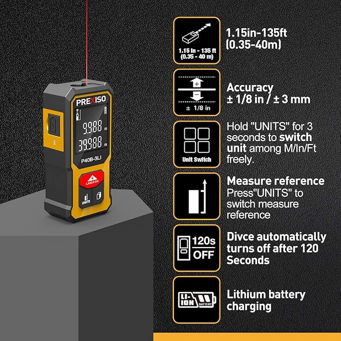 PREXISO Mini Laser Measurement Tool, 135Ft Rechargeable Laser Distance Meter - Image 6