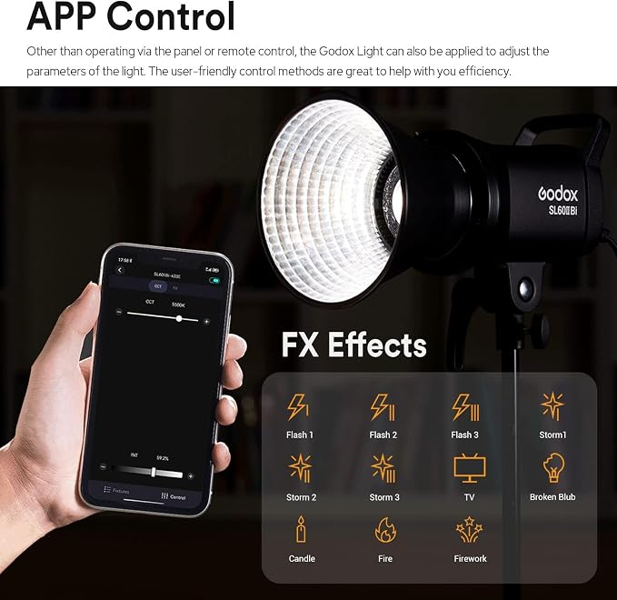 Godox SL60IIBi Bi-Color LED Video Light, 75W 25100Lux@1M CRI 96+ 11 FX Effects - Image 6
