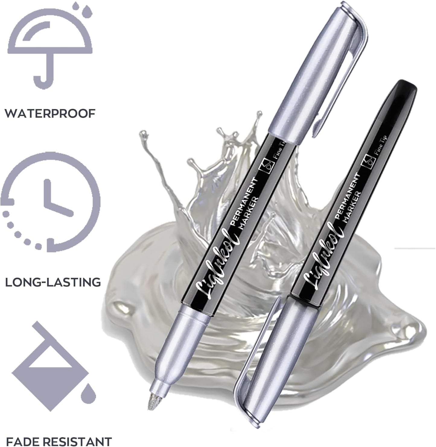 Silver Metallic Permanent Markers, 24 Pack Silver Metallic Marker Pens for Artist Illustration, Industrial Marking, DIY Crafts, Gift Card Making