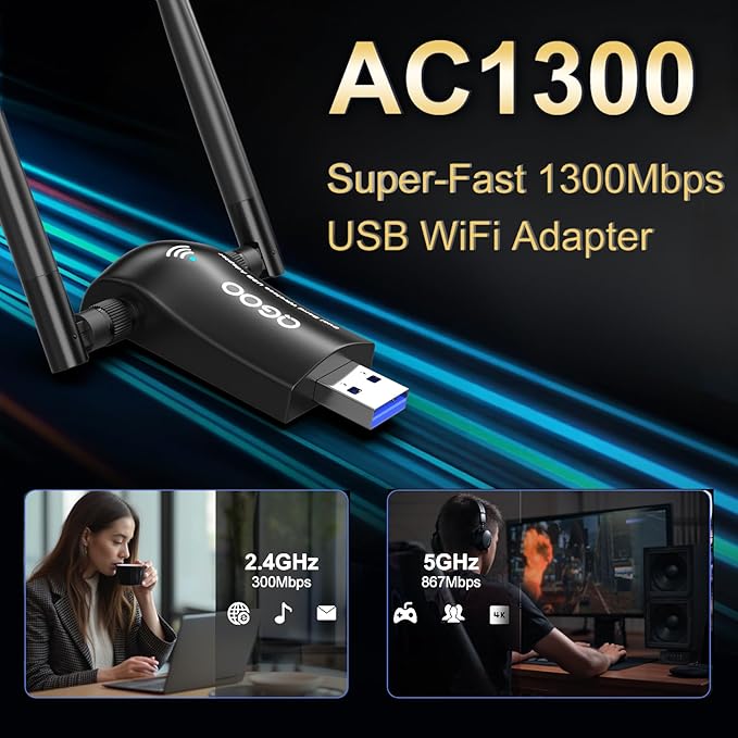 WiFi Adapter for Desktop PC, QGOO Wireless AC1300Mbps USB 3.0 Network Dongle - Image 2
