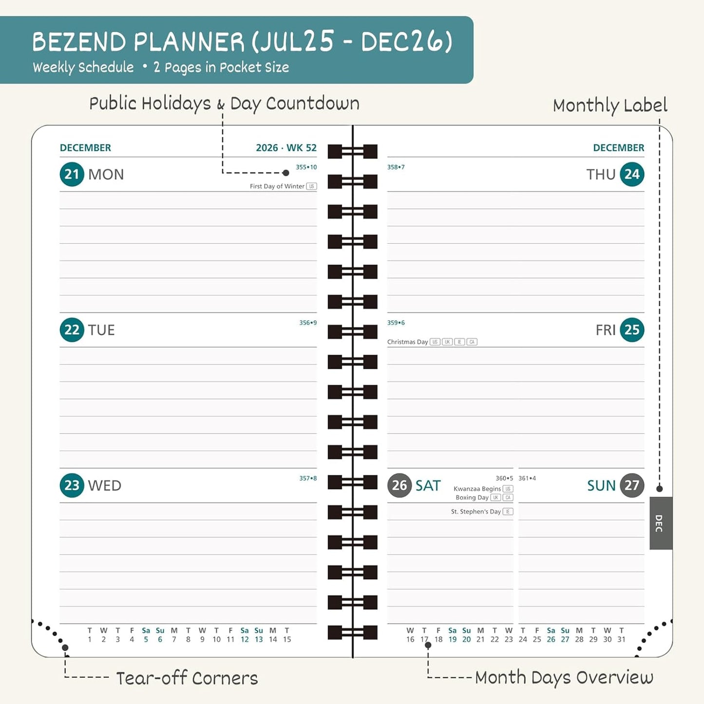 BEZEND Pocket Planner 2025-2026 Weekly and Monthly, 3.5" x 6" Academic Planner (Jul 25-Dec 26) 18-Month Mid-Year Calendar Book, Storage Pocket, Pen Holder, PU Leather Softcover, Spiral - Turquoise