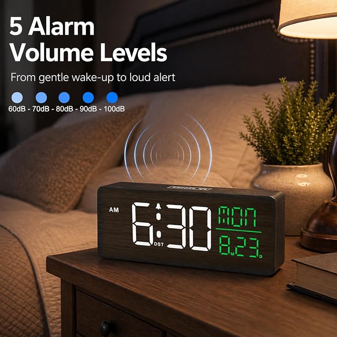 Peakeep Wooden Digital Alarm Clock Large Display, Textured Decoration - Image 6