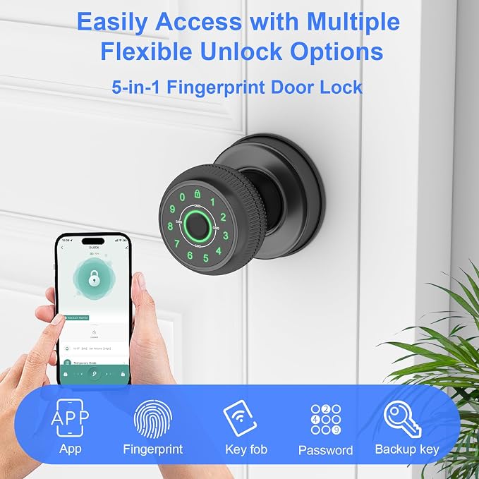 BIWIBON 5-in-1 Smart Door Knob, Fingerprint Door Knob - Image 2