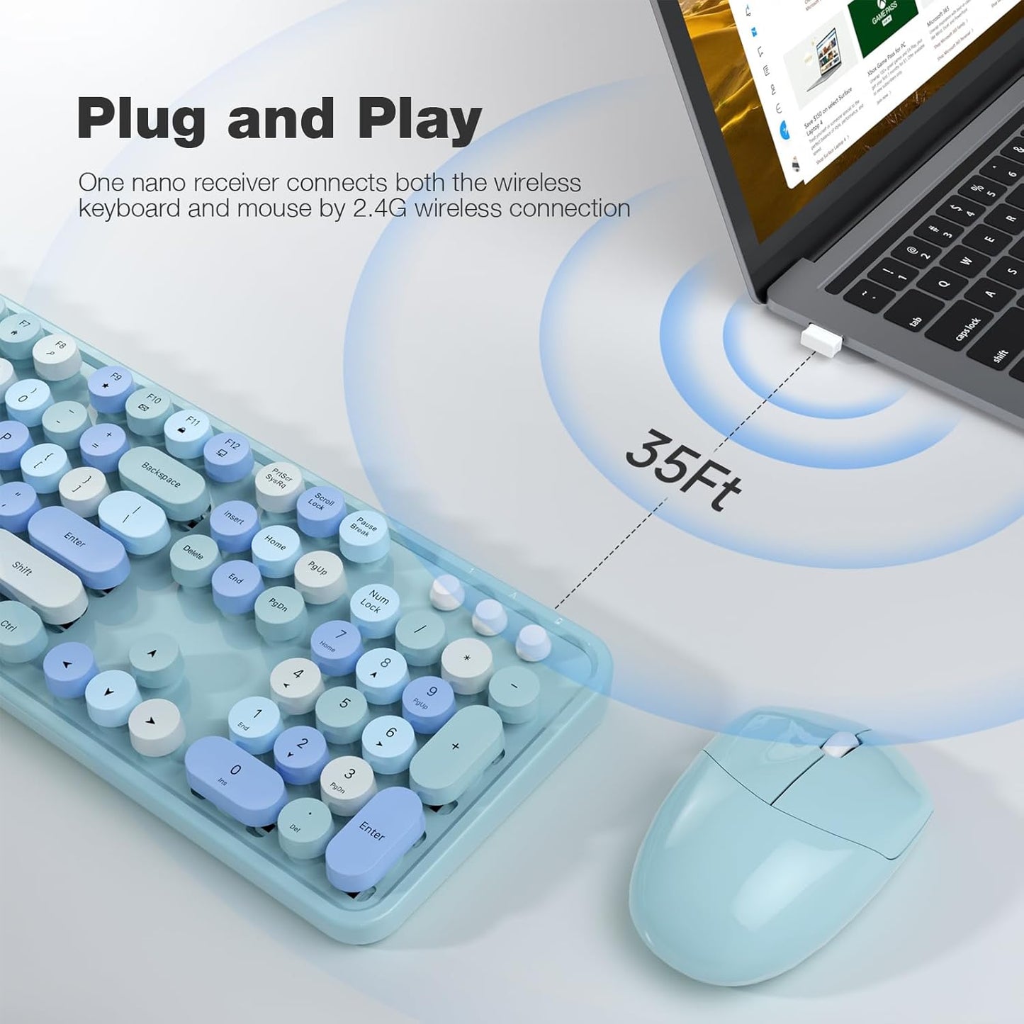 MOFII Wireless Keyboard and Mouse Combo, Retro Wireless Keyboard with Round Keycaps, 2.4GHz Dropout-Free Connection, Cute Wireless Mouse for PC/Laptop/Mac/Windows XP/7/8/10 (Blue-Colorful)