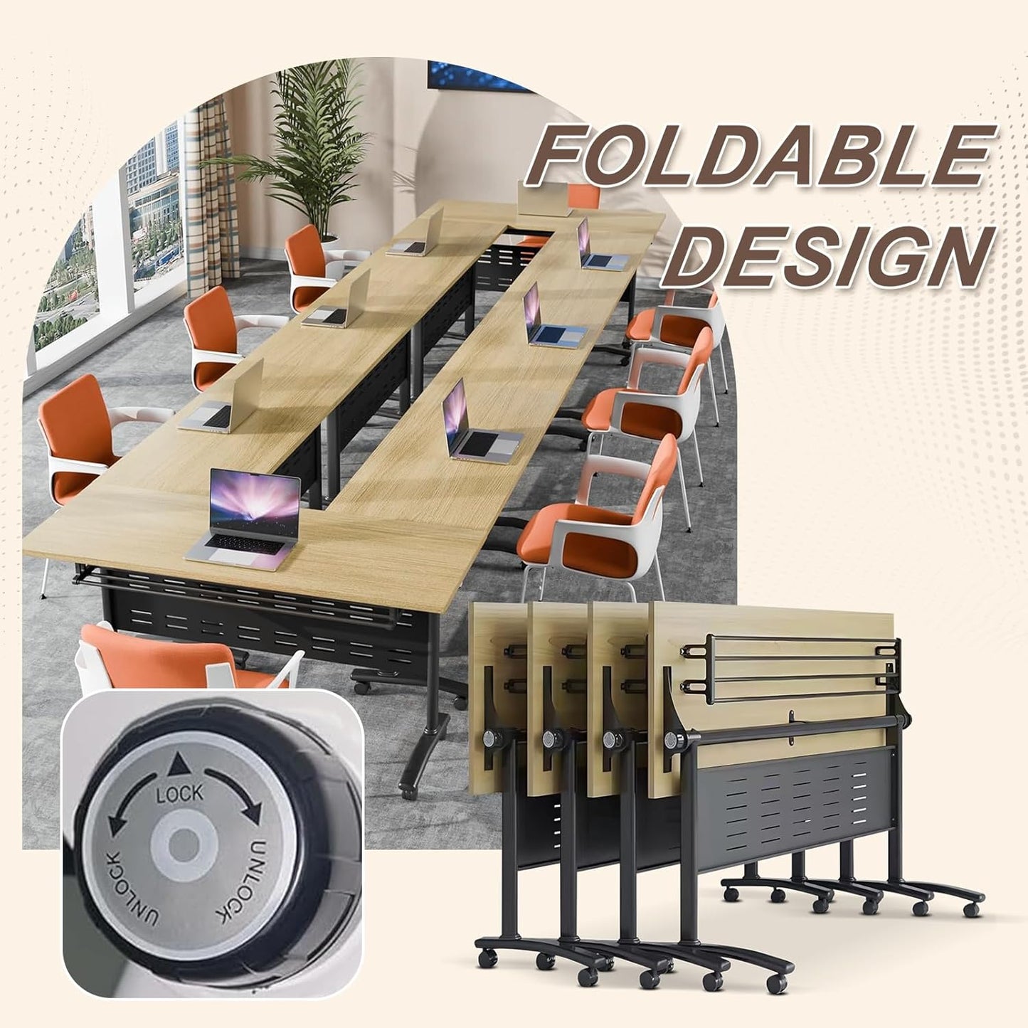 Folding Conference Room Table, Modern Conference Tables with Wheels, Large Rectangular Mobile Training Tables for Office Classroom, Foldable Modular Boardroom Seminar Table Maple (2pack L47.2in)