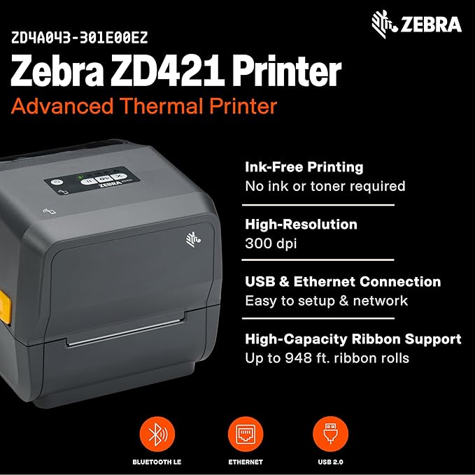 ZEBRA ZD421 Thermal Transfer Desktop Printer 300 dpi Print Width 4-inch USB - Image 3