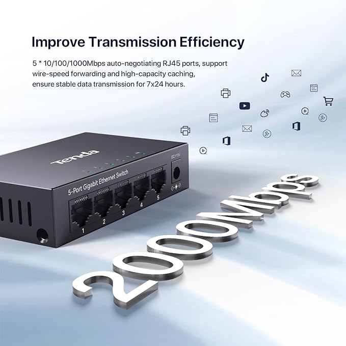 Tenda 5 Port Gigabit Ethernet Switch | Ethernet Splitter | 5 x 1000Mbps Ports | - Image 2