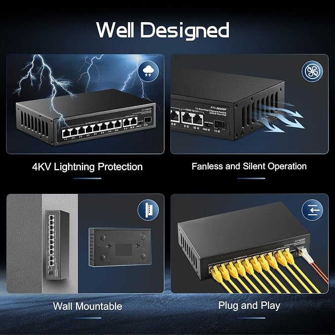 11 Port POE Switch, 8 POE+ 10/100Mbps, 2 Gigabit Uplink, 1 Gigabit SFP - Image 5