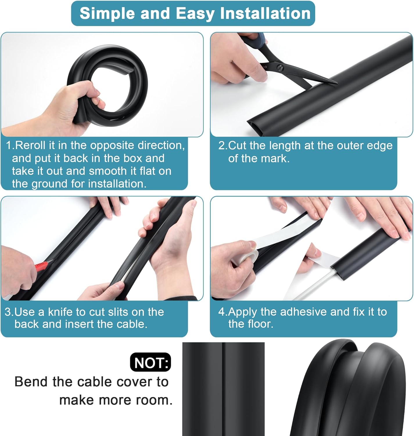Floor Cable Cover 3ft Black, LZEOY Cord Covers for Wires on Floor, Cord Hider Floor Cable Management, Extension Cord Floor Cover Low Profile, Floor Cord Cover for Office/Carpet/Floor