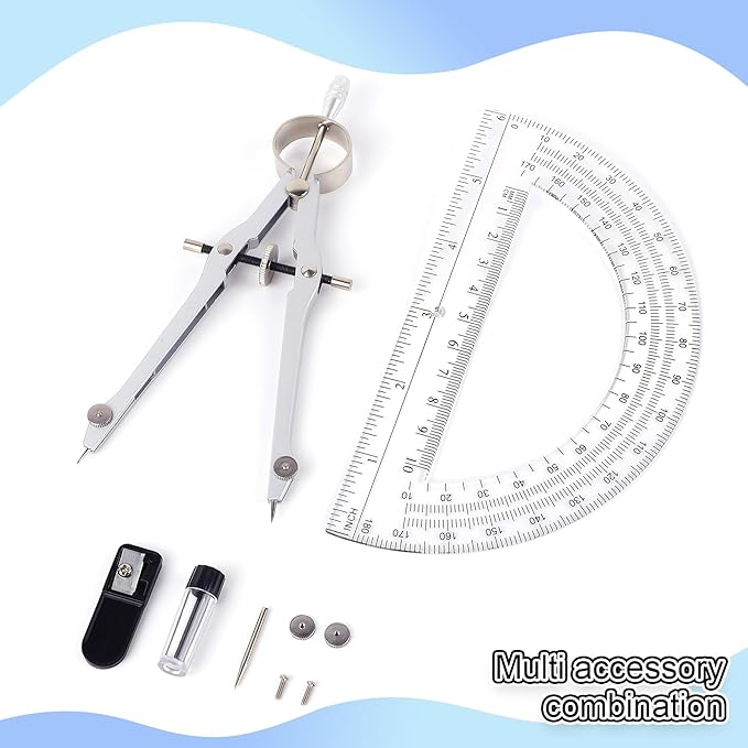 Unjoo Compass and Protractor Set, Professional Drawing Compass Tool, Metal - Image 3