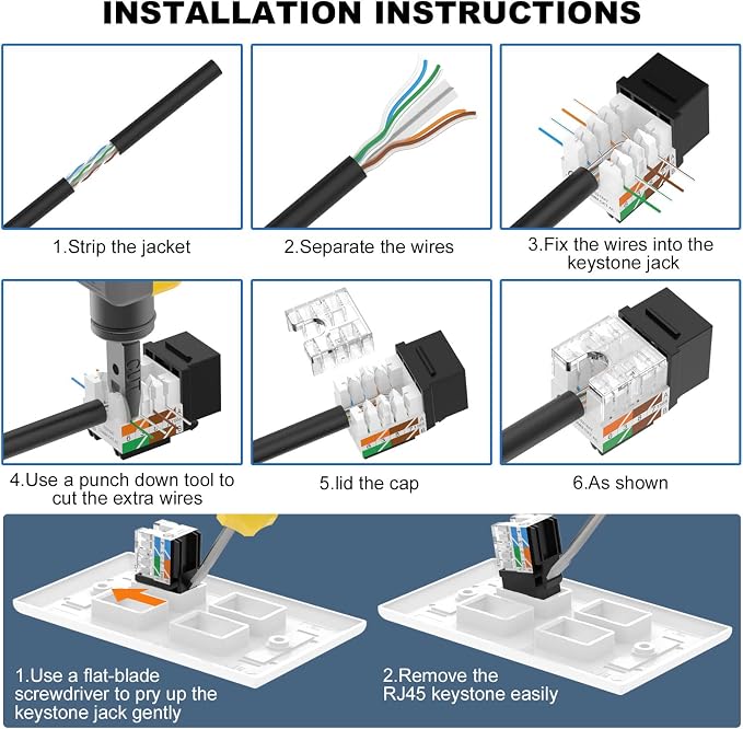 VCE UL Listed Cat6 RJ45 Keystone Jack Insert 25-Pack, 90 Degree Punch Down - Image 8