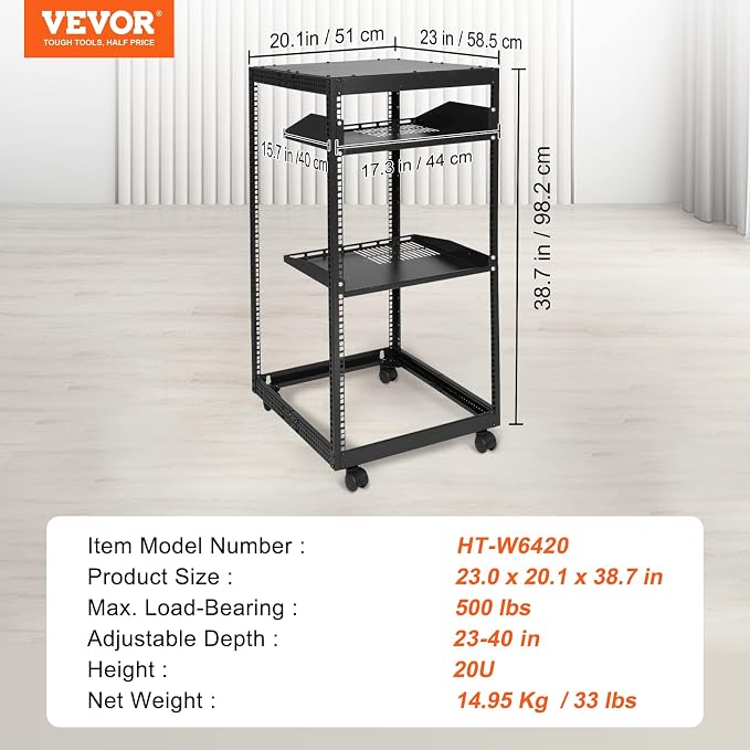 VEVOR 20U Open Frame Server Rack, Free Standing or Wall Mount Network Server - Image 7