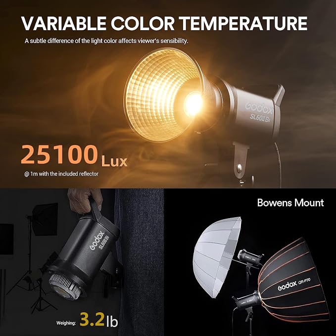 Godox SL60IIBi Bi-Color LED Video Light, 75W 25100Lux@1M CRI 96+ 11 FX Effects - Image 3