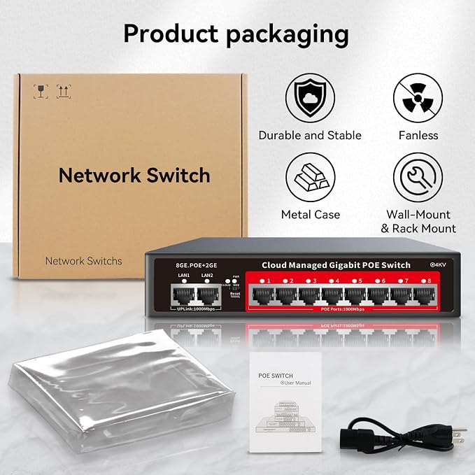 8 Port Gigabit PoE Switch with 2 Gigabit Uplink, 120W Built-in Power, - Image 9